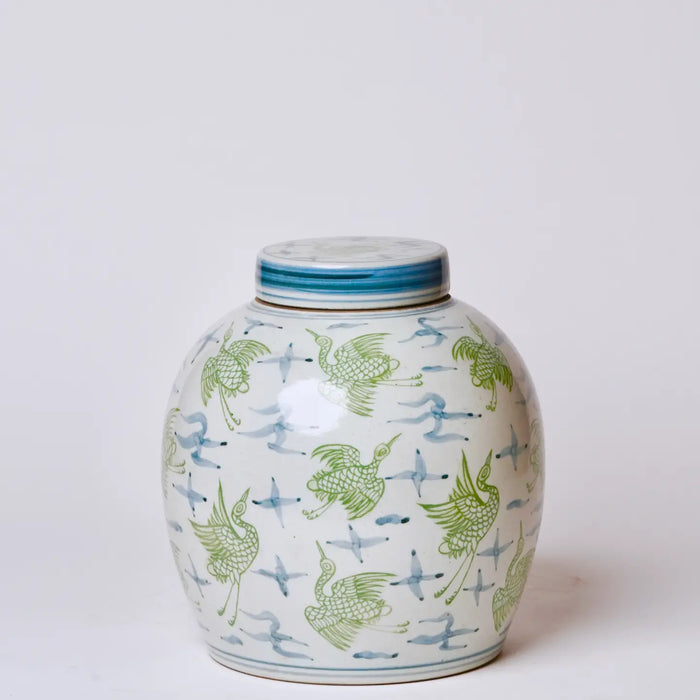 Blue & Green Porcelain Cranes and Clouds Storage Jar
