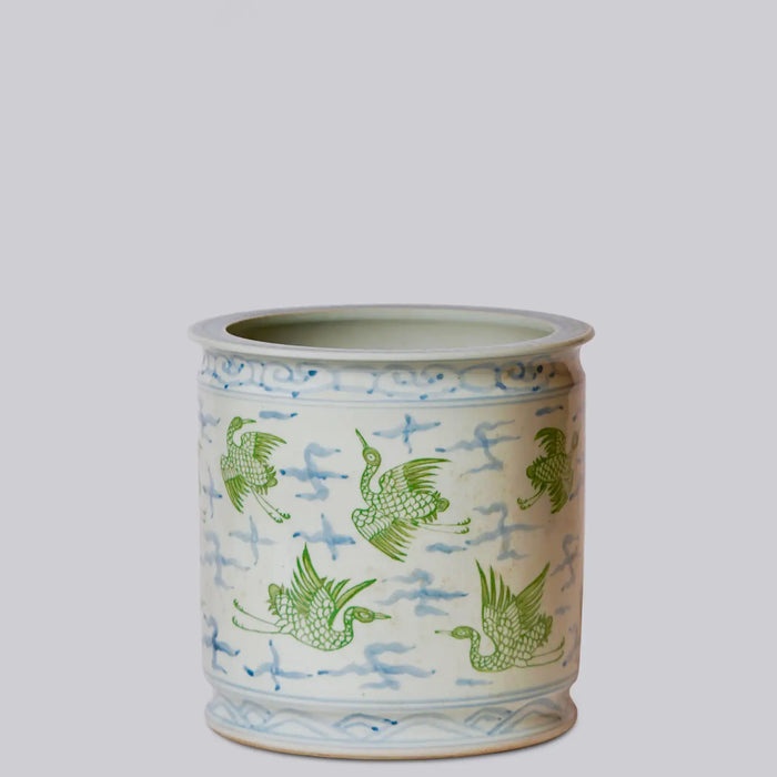 Blue & Green Porcelain Cranes and Clouds Cachepot