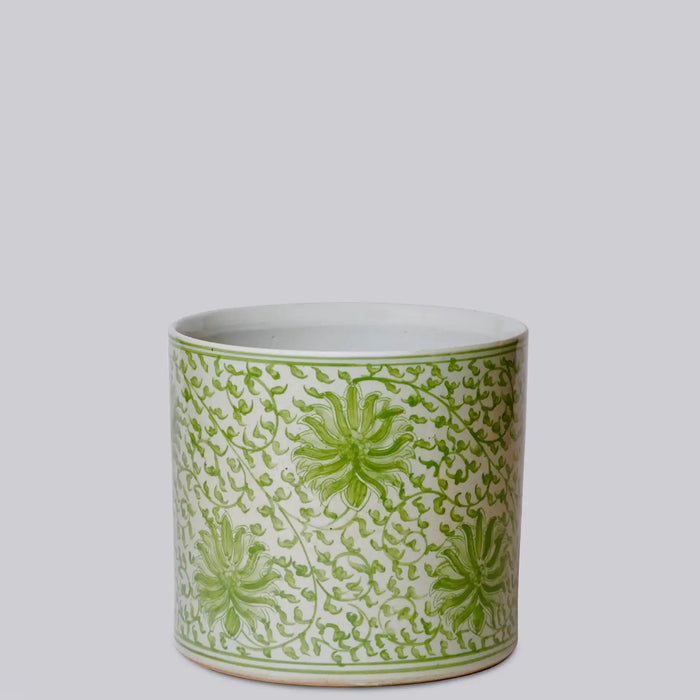 Green & White Scrolling Lotus Porcelin Cachepot