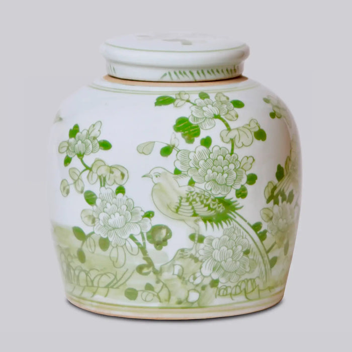 Green and White Bird and Flower Porcelain Jar