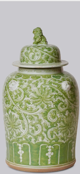 Green and White Porcelain Scrolling Lotus Temple Jar