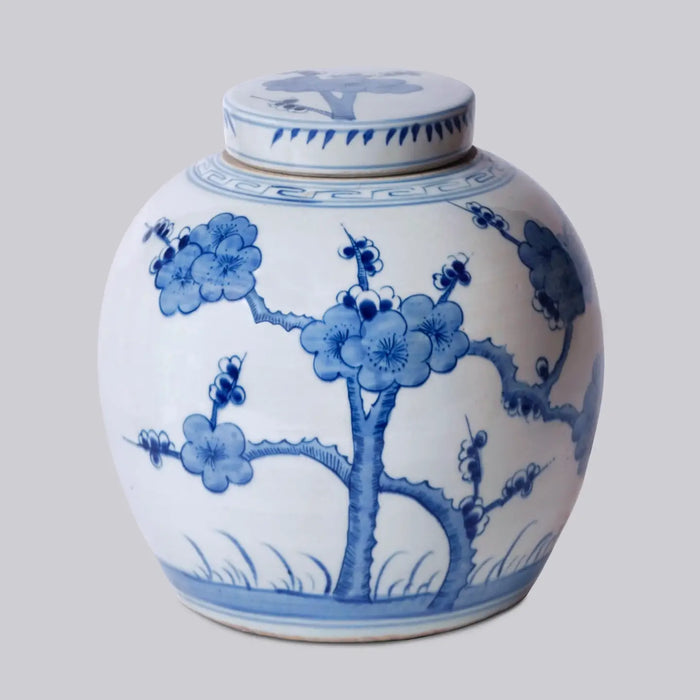 Blue and White Porcelain Cherry Blossom Round Storage Jar