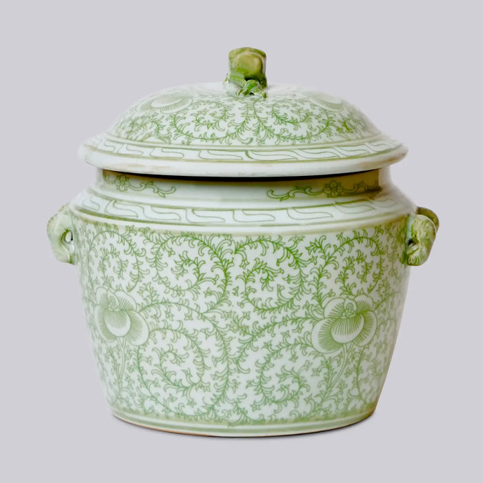 Green and White Porcelain Scrolling Peony Lug Jar