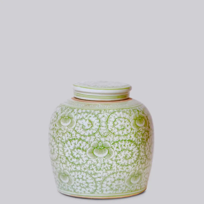 Green and White Porcelain Scrolling Peony Jar