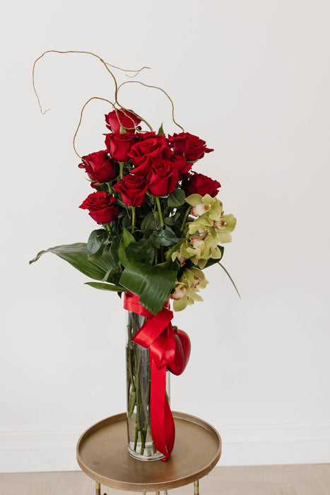 Signature Red Roses with green orchid stem